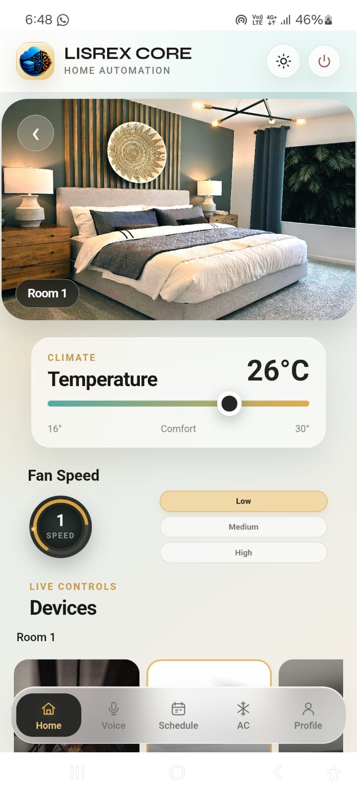 Lisrex Home app room-control screen